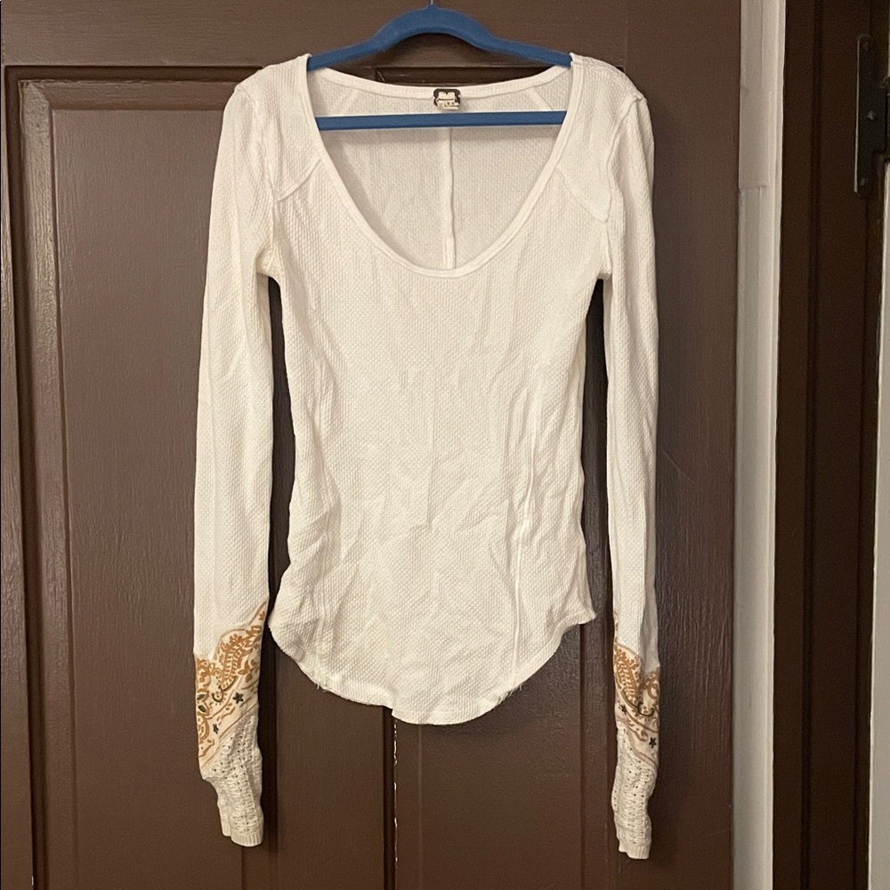Free People Cream and Gold Long Sleeve Top